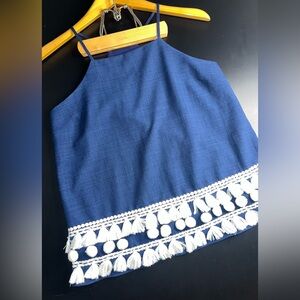 Sugar + Lips, Navy Blue Sleeveless Pom Pom Hem Size Small NWOT W/Defect*